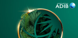 Abu Dhabi Islamic Bank mobilises AED 20.3 billion in sustainable finance, advancing 2030 target ADIB sustainable finance announcement graphic showing green tropical leaves, gold circular frame, and ADIB logo, highlighting the bank’s 2025 mobilization of ₫20.3 billion toward its ₫60 billion sustainability target for 2030.