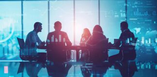 Study: Only 11% of banks have cracked the code on trustworthy AI Business leaders analyzing financial performance dashboards and digital analytics in a conference room, with data charts and graphs overlaying the scene to highlight fintech innovation, digital transformation, and strategic planning.